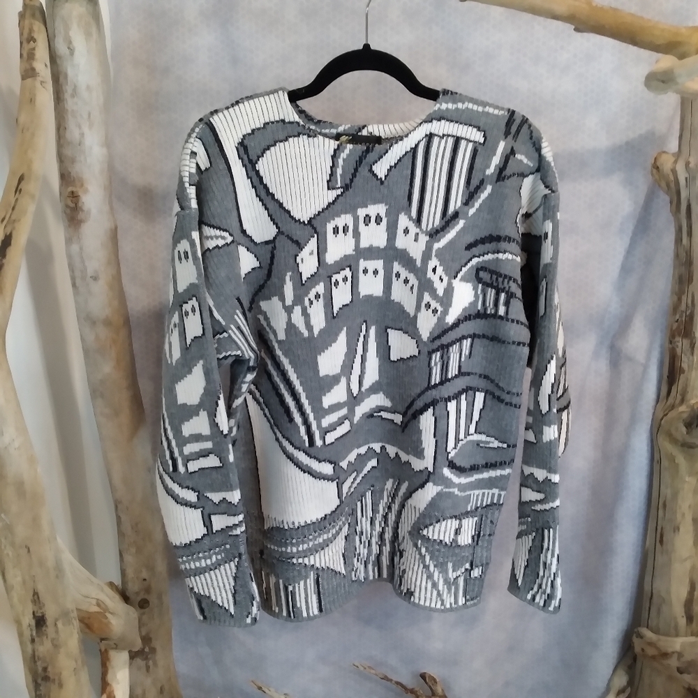 Vtg. Seasons abstract grey and white ribbed knit sweater crew neck sweater med
